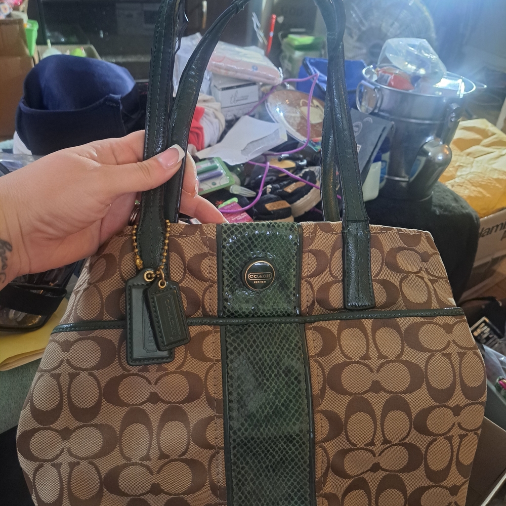 Coach Green and Brown Signature Shoulder Bag